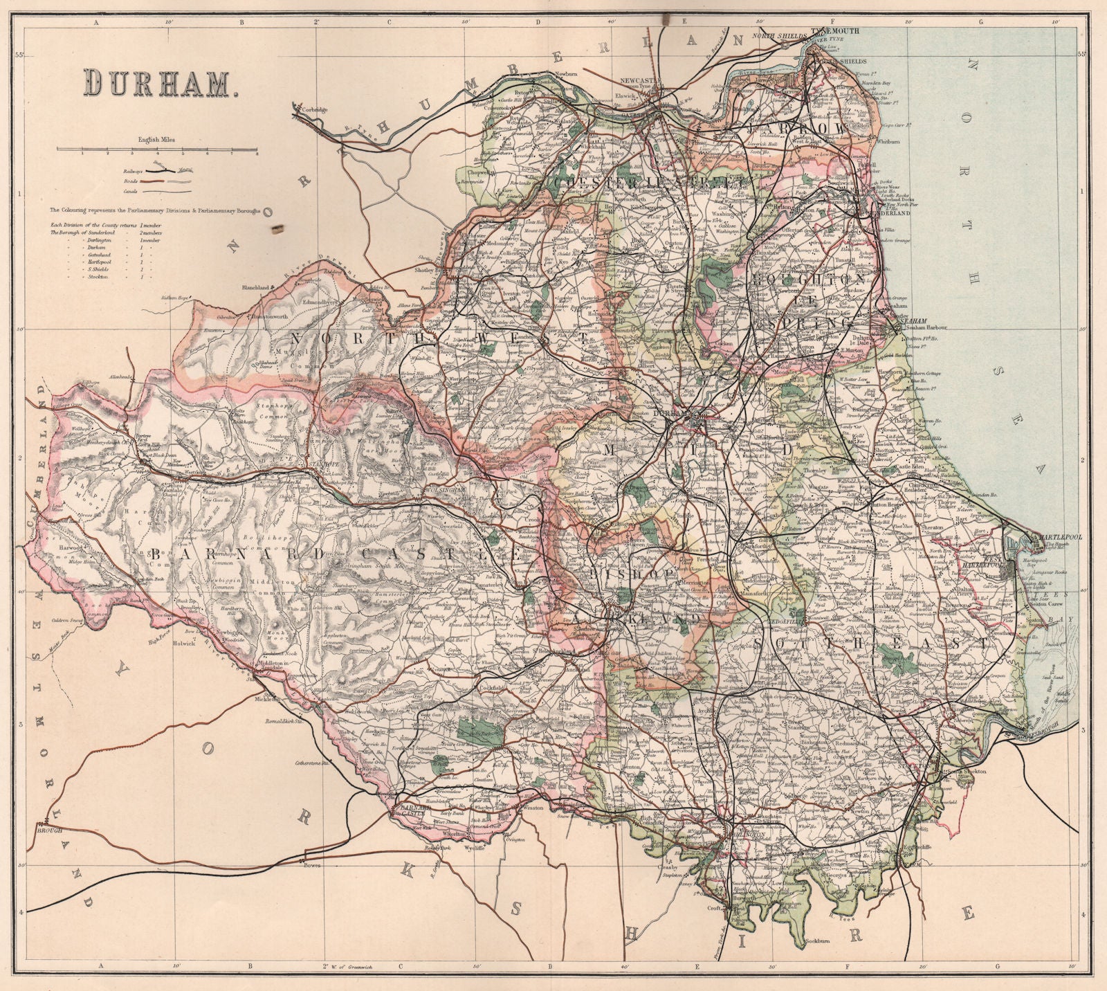 DURHAM. County map showing divisions & parliamentary boroughs. PHILIP 1902